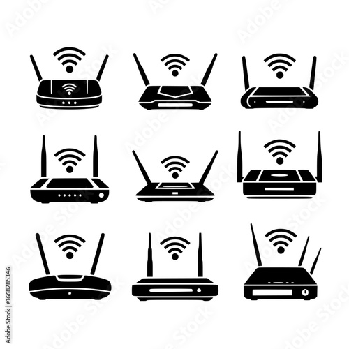 Collection of six black router silhouettes with wi fi symbols isolated on transparent background silhouette
