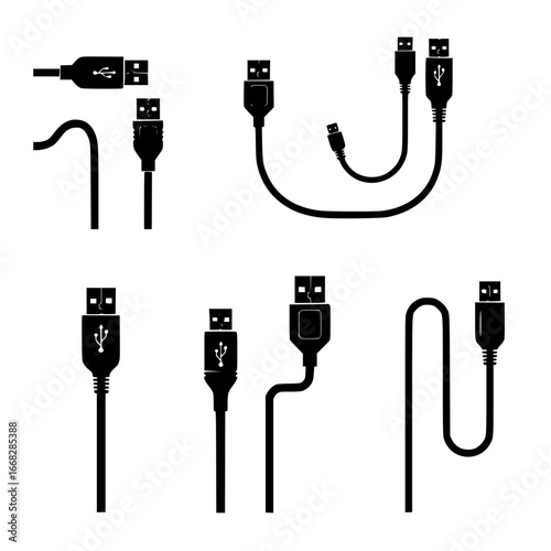 Collection of black usb cable silhouettes with various connectors and configurations isolated on transparent background silhouette