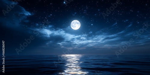 Serene moonlight reflecting on calm ocean waters under a cloudy night sky