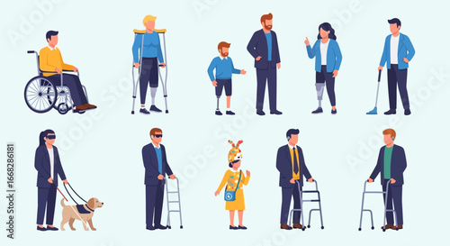 Flat Style Diverse Group of People with Disabilities and Impairments Illustration