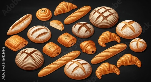 Golden Artisanal Bakery Collection: Freshly Baked Croissants, Baguettes, and Sourdough Loaves Artistically Arranged on Dark Background.