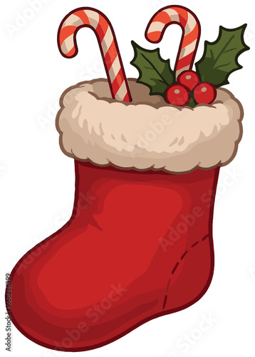 Festive christmas stocking vector: classic holiday design with candy canes and holly