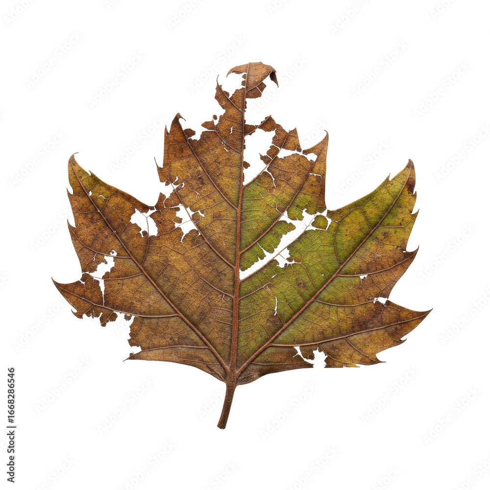 Naklejka premium Photorealistic macro of a small, isolated, decaying leaf fragment with tattered edges, intricate veins, earth tones on a transparent background in a minimalist studio environment, concept of natural