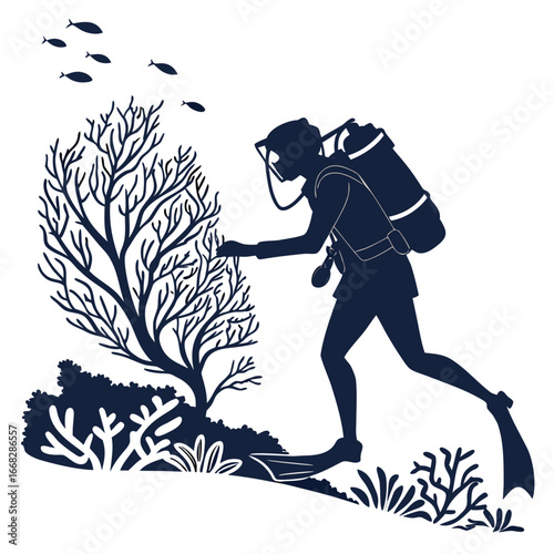 Diver exploring coral reef silhouette