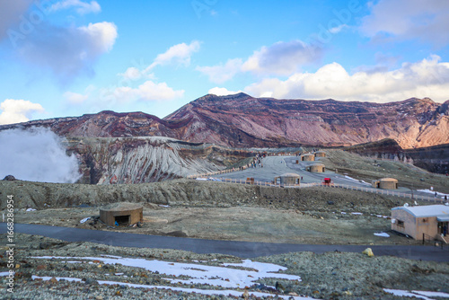 Photos Kumamoto, Kyushu Japan :Volcano Mount Aso, Panorama Aerial View Smoke Gas Steam Crater