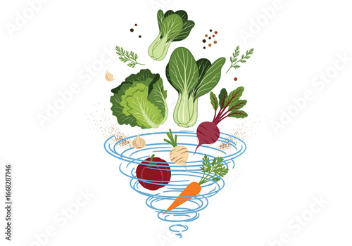 A Whirlwind of Fresh Vegetables and Leafy Greens Creates a Healthy and Vibrant Culinary Experience