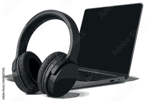 Modern headphones and laptop vector | tech gadgets, audio accessories, wireless audio