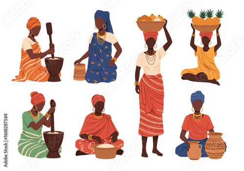 Diverse African Women Engaged in Traditional Daily Activities and Food Preparation Scenes