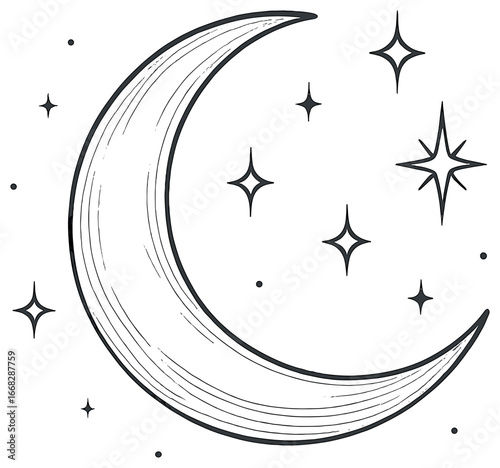 Crescent moon and stars vector - minimalist celestial night illustration for eid or ramadan