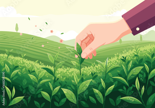 Farmer Hand Carefully Picking Fresh Green Tea Leaves on a Lush Plantation Hillside