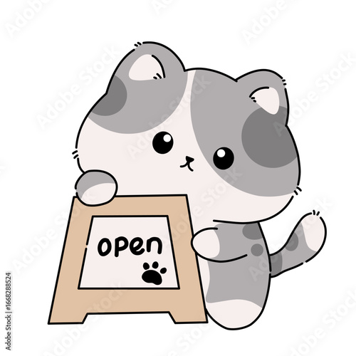 Cat holding open sign illustration vector art.