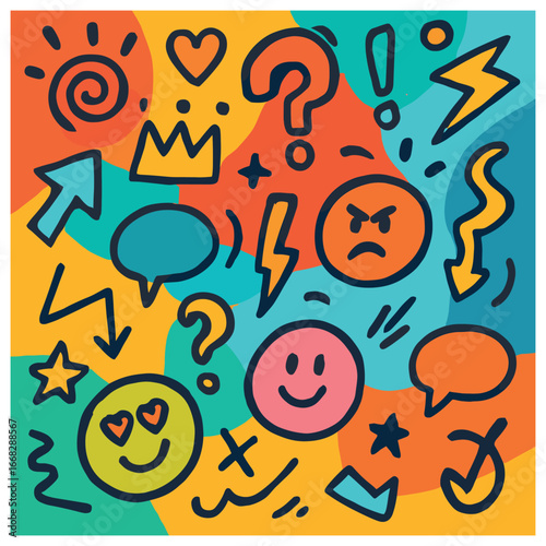Whimsical doodle explosion vector art: playful, colorful, fun expressions for creative designs