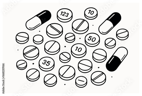 Monochrome pills vector | pharmaceutical tablets & capsules illustration for medical concepts
