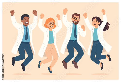 Scientists celebrating: happy scientists jumping, cheerful researchers, laboratory team vector