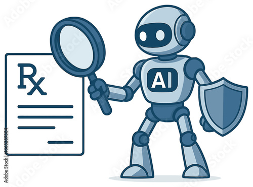 Ai robot inspecting prescription - futuristic healthcare technology concept vector