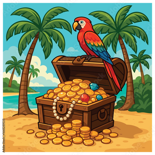 Tropical island treasure vector: pirate gold, gems, and parrot - perfect for adventure holiday themes