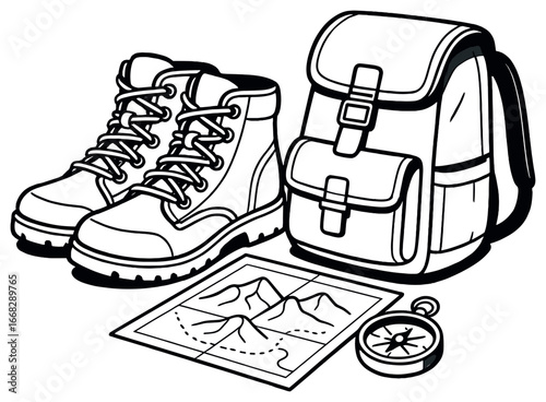 Adventure essentials vector: hiking gear, backpack, boots, map, compass for outdoor exploration