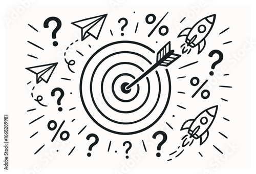 Target, goal achievement vector: bullseye ambition with arrows, rockets, and question marks