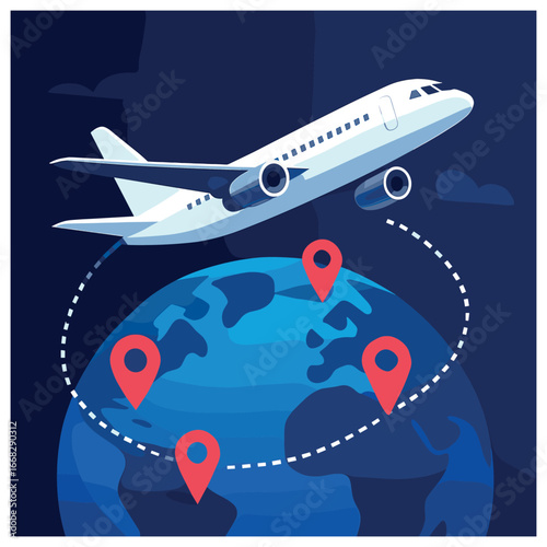 Airplane journey vector: global flight adventure concept - explore worldwide travel routes