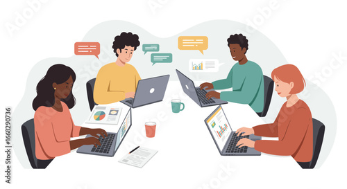 Creative diverse team collaborates analyzing business data on laptops during productive meeting session