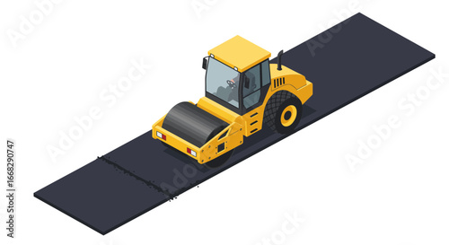 Road roller flattens surface, promoting infrastructure development and transportation efficiency projects