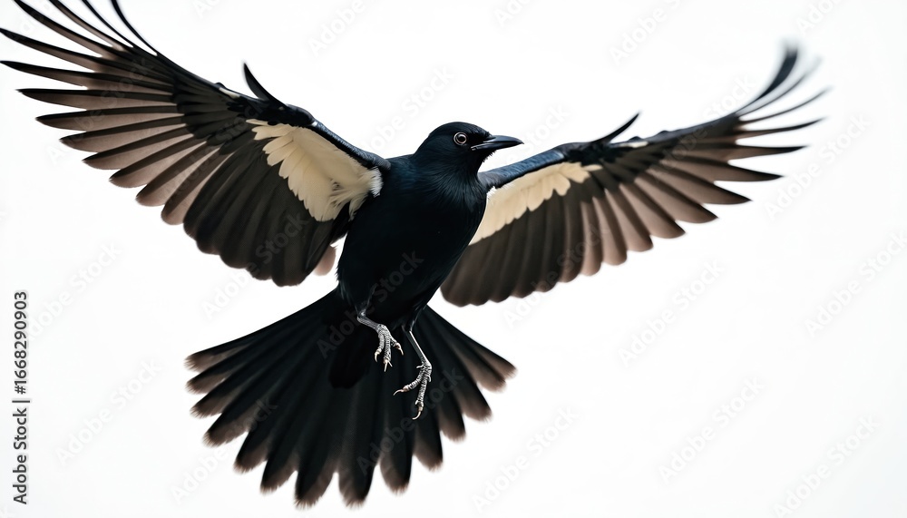 Fototapeta premium Magpie illustration shows black-and-white plumage in sharp detail against plain white background. Bird captured in mid-flight, wings spread wide distinct feather patterns, taloned feet. Art ideal for