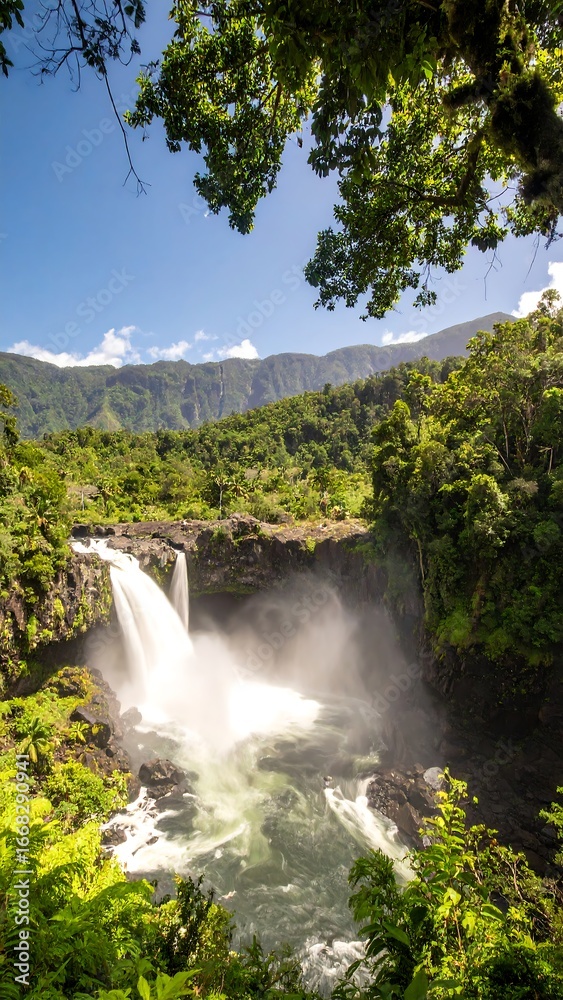 Fototapeta premium A breathtaking waterfall cascading down a rocky cliff face in a lush, tropical setting.