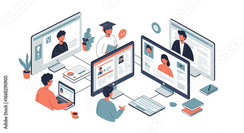 Modern online education connecting students and teachers via video conference, distance learning platform