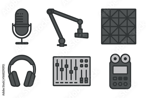 Audio recording equipment icons: microphone, boom arm, headphones, mixer, recorder, soundproofing panel