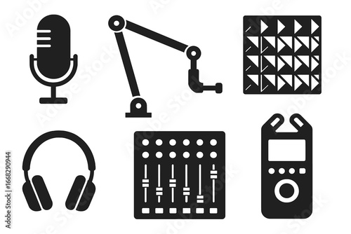 Audio recording equipment icons: microphone, headphones, mixer, recorder, boom arm