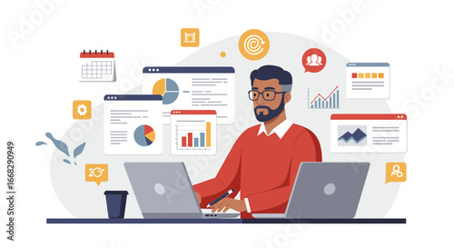 Handsome professional analyzes data on laptops, strategizing for business growth and planning success now