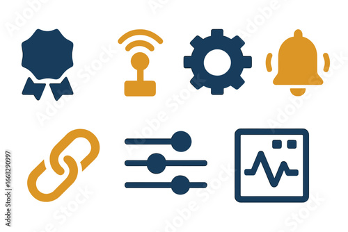 Modern flat icons for web and mobile apps, covering achievement, connectivity, settings, notifications, links, and analytics