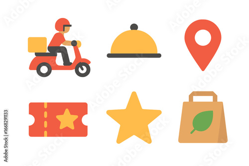 Food delivery and restaurant icons: courier, cloche, map pin, ticket, star, shopping bag