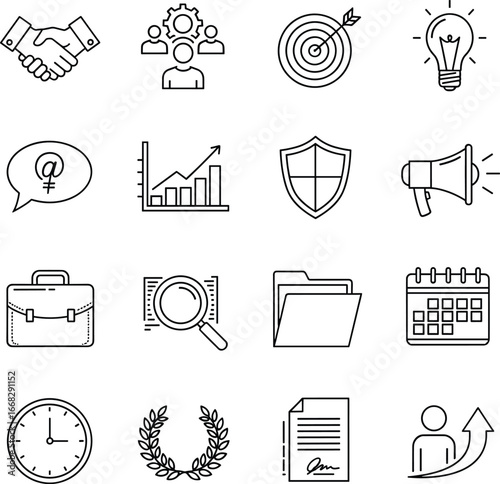 Business Icons Set, Collaboration, Communication, Success, Growth, and Management Elements