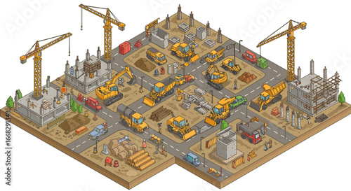 Isometric construction site with heavy machinery and workers building a modern city, vector origin