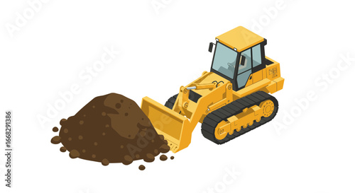 Isometric bulldozer moving dirt pile, construction machinery in action at building site, heavy equipment