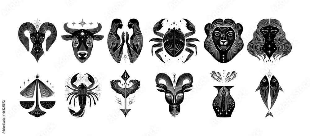 Obraz premium Collection Astrological black and white zodiac symbol signs with intricate abstract design Aries Taurus Gemini Cancer Leo Virgo Libra Scorpio Sagittarius Capricorn Aquarius Pisces