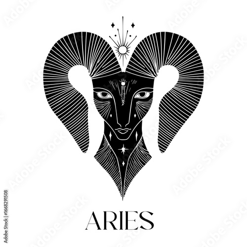 Elegant black and white aries zodiac symbol with intricate abstract design