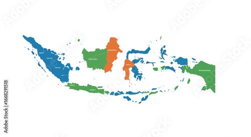 Indonesia map in vibrant colors showcases diverse islands and regions for infographics and presentations