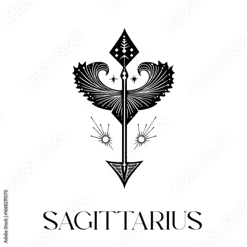 Sagittarius zodiac sign artistic arrow design with celestial elements
