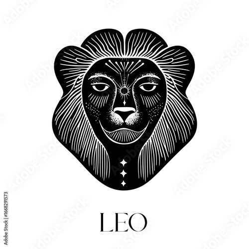 Intricate black and white zodiac lion illustration with leo symbol
