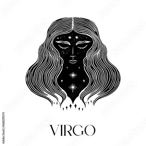 Elegant virgo zodiac sign art with celestial elements and flowing hair design