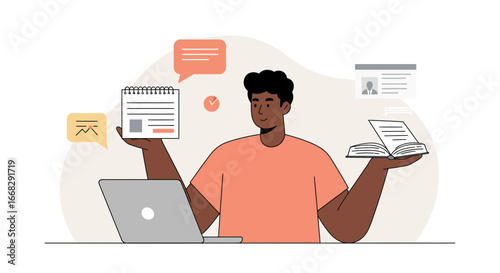 Dynamic professional working on laptop with multiple projects, multitasking and time management excellence shown