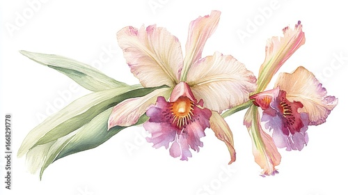A delicate watercolor illustration of two orchids with soft pink and cream petals, surrounded by green leaves, showcasing intricate floral details.