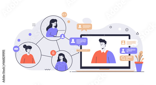 Modern team collaborates remotely via laptop for business success in virtual meeting space online