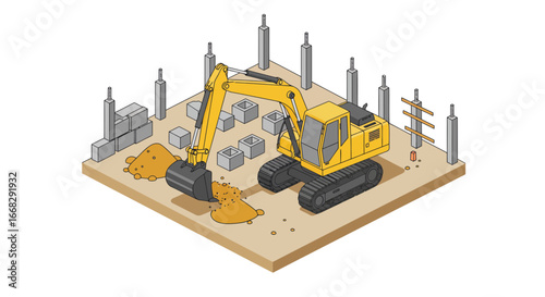 Isometric excavator at building site. Construction machinery working, digging and lifting dirt in a vector scene