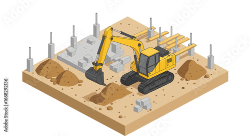 Excavator digs foundation for new construction project, isometric view, industry, yellow machine, modern