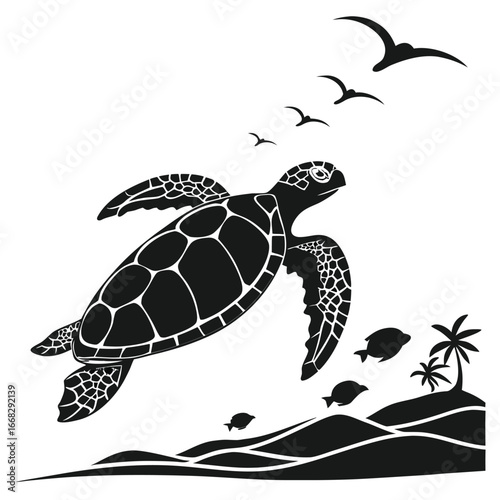 Turtle crawling toward ocean silhouette