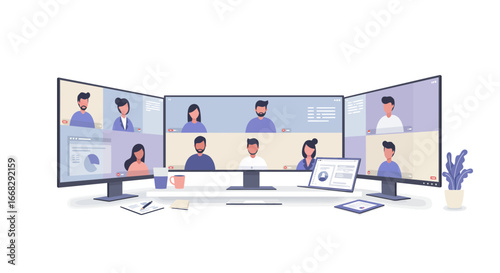 Modern team video conference on multiple screens for remote collaboration and connection, vector illustration