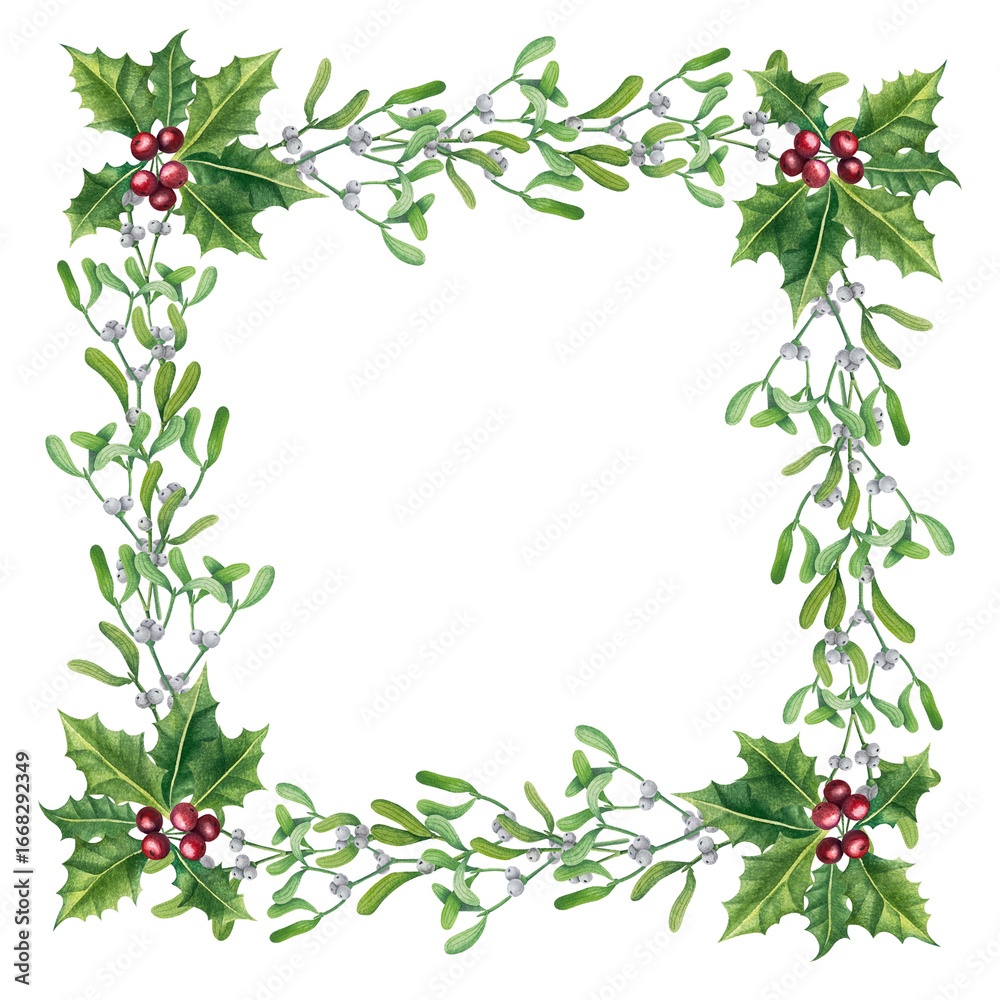 Fototapeta premium Set of bright watercolor mistletoe and holly berry illustrations. Collection of watercolour Christmas tree branches, leaves and berries for New Year greeting cards and banner decor